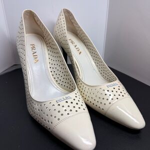 PRADA Classic Winter White Perforated Patent Leather 3" Pumps Size 37 US 7
